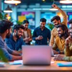 Entrepreneurs collaborating in a modern workspace.