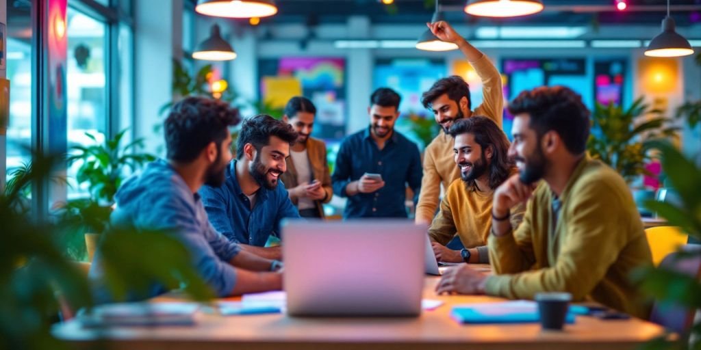 Entrepreneurs collaborating in a modern workspace.