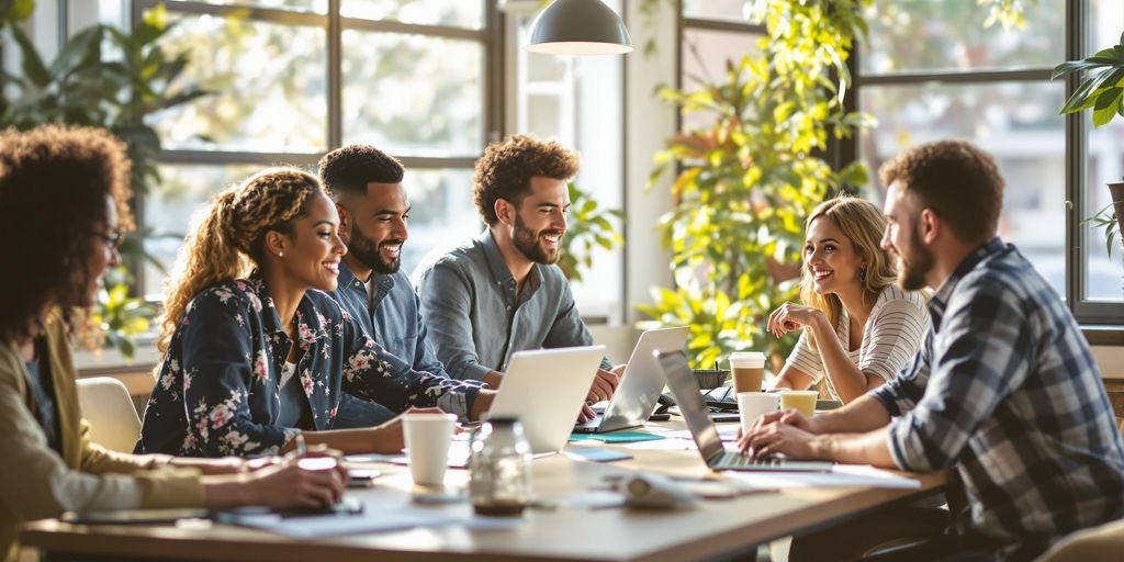 Diverse entrepreneurs collaborating in a modern startup workspace.