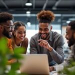 Diverse young entrepreneurs collaborating in a modern office.