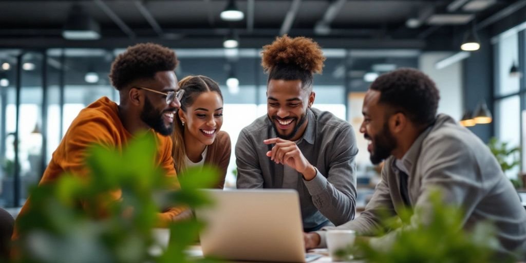 Diverse young entrepreneurs collaborating in a modern office.