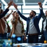 Group of professionals celebrating success in an office.